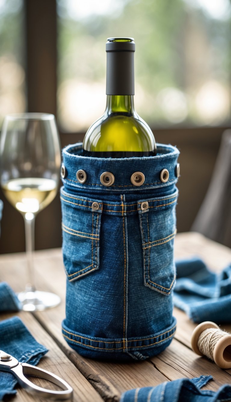 A denim wine bottle holder made from blue jeans placed on a wooden table with crafting materials around it.